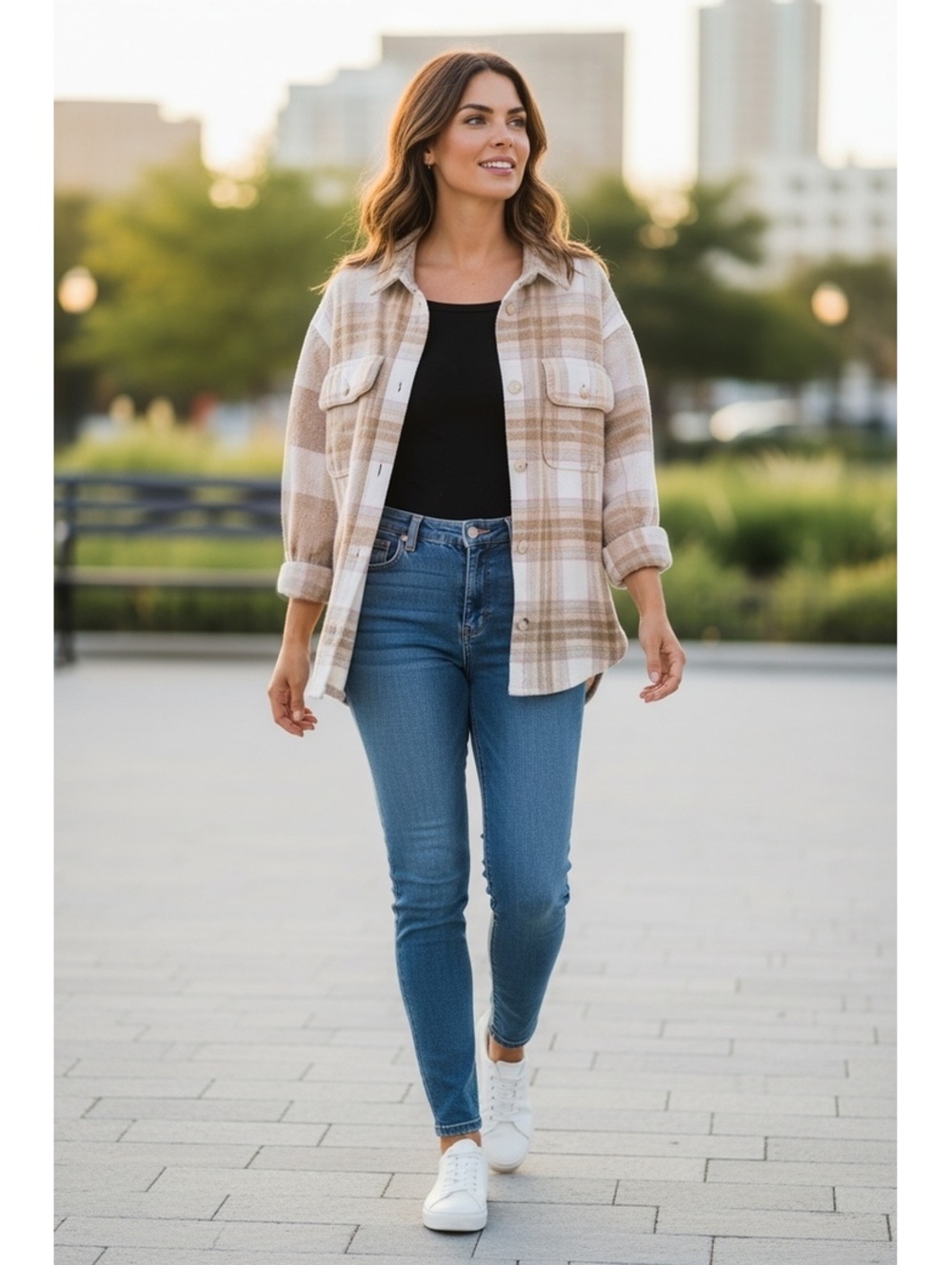 American Eagle Beige Plaid Button-Up Shirt Jacket L